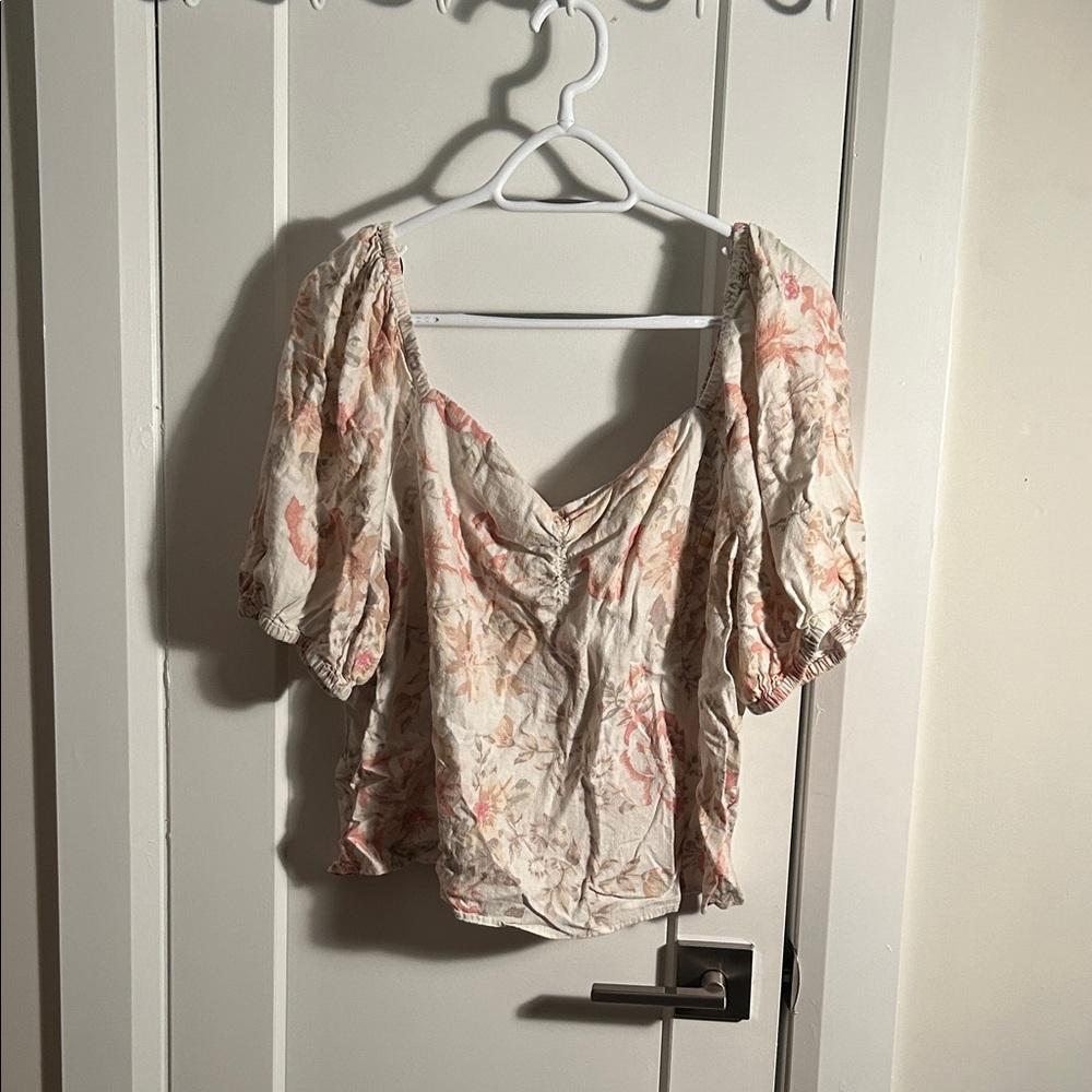 H&M Linen Blend Cream Floral Puff Sleeve Blouse
